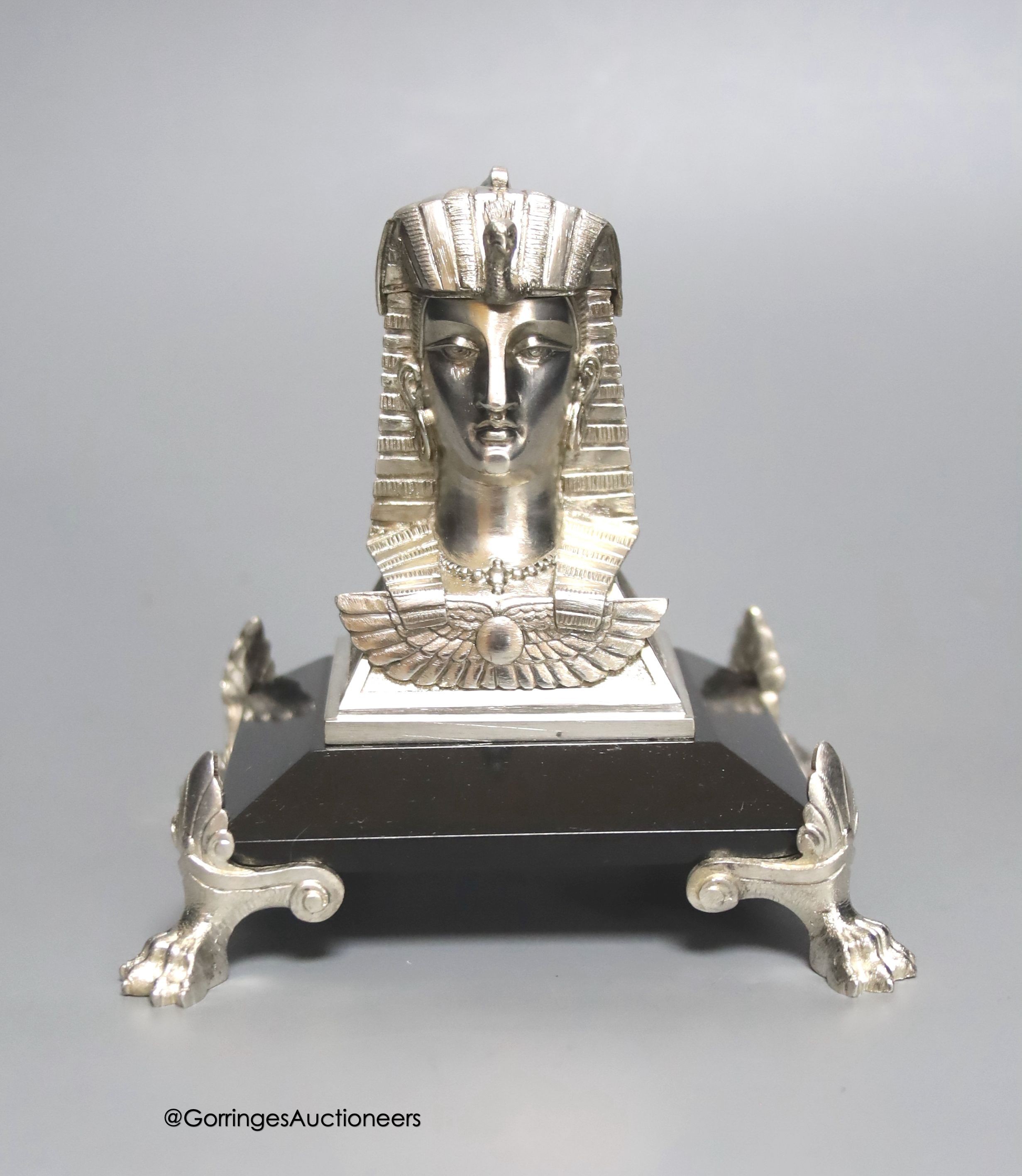 An Egyptian style electroplate mounted inkwell, height 12cm